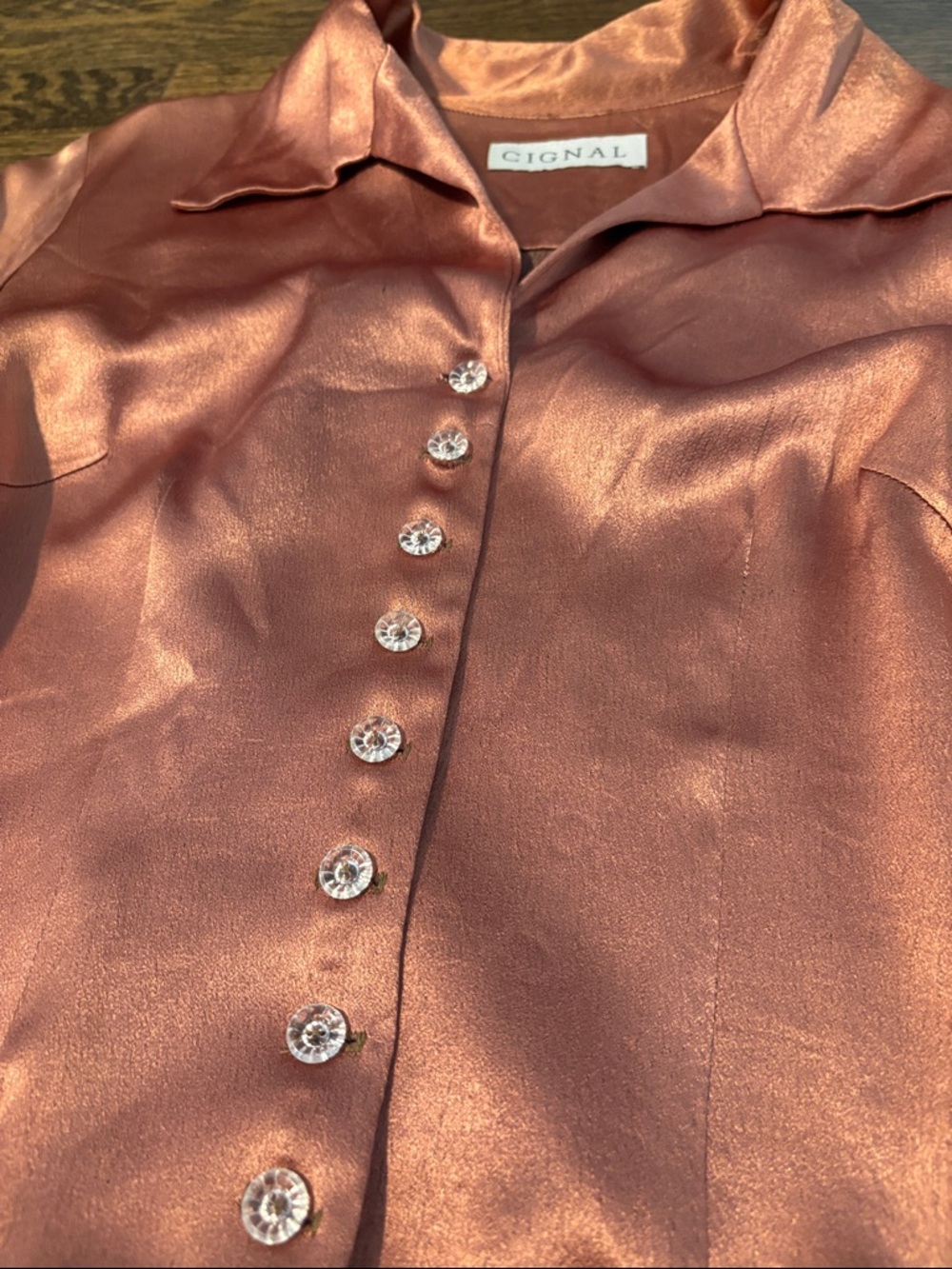 Cignal Copper Satin Blouse Size S Shimmer Button Front Long Sleeve Unique - Picture 4 of 12